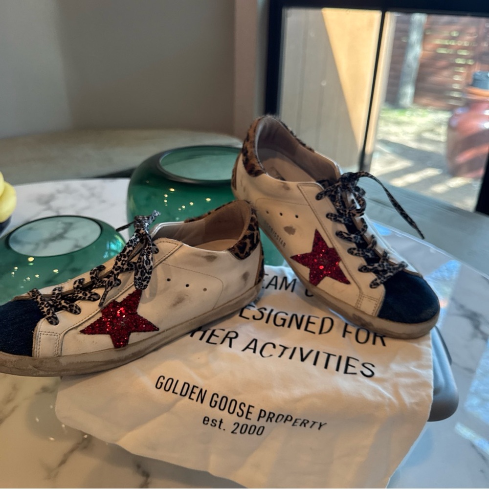 Golden Goose SuperStar Denim, Leopard, and Red Sequins Sz 39 - Picture 4 of 7